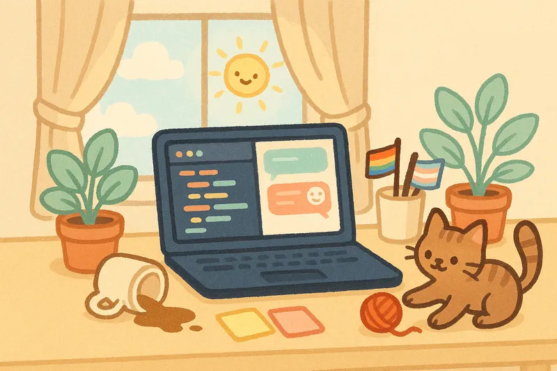 A cozy, cartoon-style desk scene with a laptop showing colorful code and a friendly AI chat. A cat plays with a red-orange yarn ball beside a spilled coffee mug and pastel sticky notes. Pride flags sit in a pencil cup near leafy plants, with sunlight streaming through a window and a smiling sun in the sky.