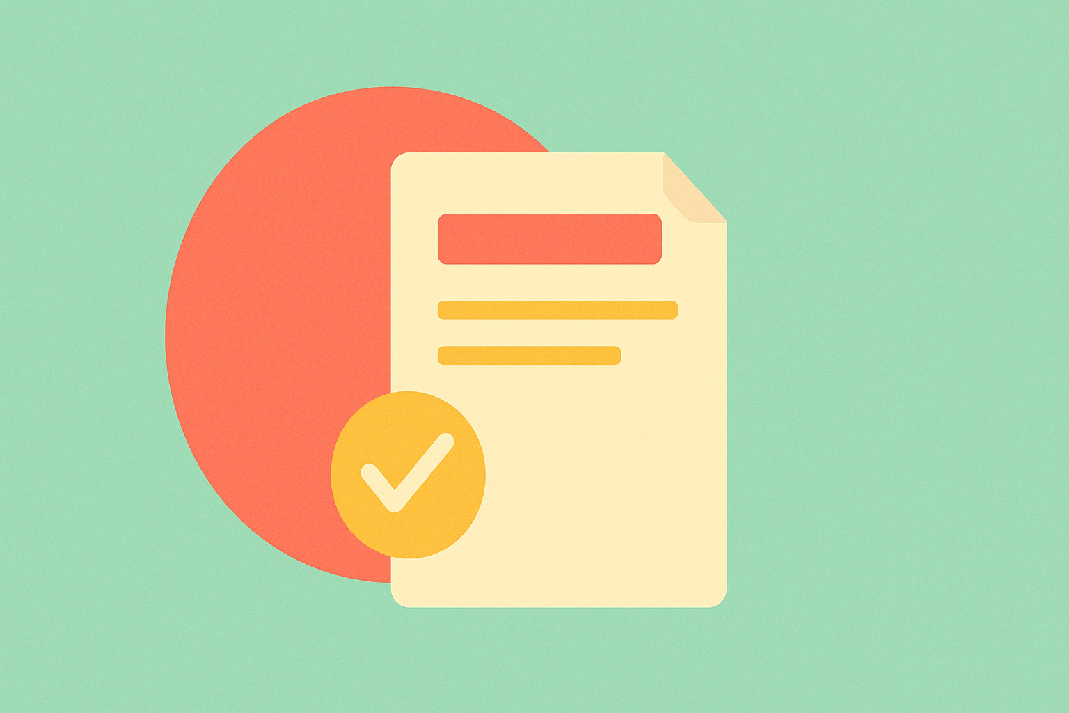 A flat-style digital illustration shows a cream-colored document with a red-orange header and golden-yellow lines, symbolizing text. A yellow circle with a checkmark overlaps the bottom corner of the document. Behind it is a large coral-red circle. The background is soft mint green, using a calm, minimal color palette.